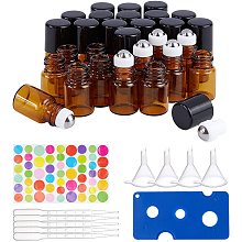 BENECREAT 30 Pack 2ml Amber Glass Roller Bottle with Black Cap Mini Brown Essential Oil Roll on Bottle with 4 Hoppers, 1 Opener, 10pcs 3ml Droppers and 1 Sheet Sticker for Aromatherapy Perfume