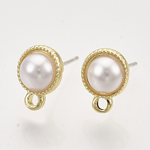 Honeyhandy Alloy Stud Earring Findings, with Loop, ABS Plastic Imitation Pearl and Raw(Unplated) Pin, Half Round, Golden, 10x8mm, Hole: 1.4mm, Pin: 0.7mm