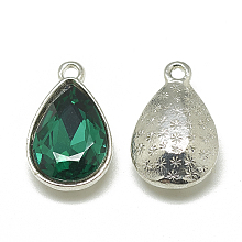 Honeyhandy Alloy Glass Charms, Faceted, teardrop, Platinum, Sea Green, 14.5x9x5mm, Hole: 1.5mm