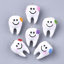 Honeyhandy Resin Pendants, with Platinum Tone Iron Findings, Tooth, Mixed Color, 32~34x21~22x17~18mm, Hole: 2mm