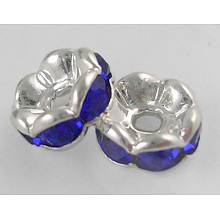 Honeyhandy Brass Rhinestone Spacer Beads, Beads, Grade A, Sapphire Rhinestone, Silver Color, Nickel Free, about 8mm in diameter, 3.8mm thick, hole: 1.5mm