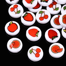 Honeyhandy Opaque Acrylic Beads, Flat Round with Fruit Pattern, Mixed Patterns, 11x4mm, Hole: 1.5mm