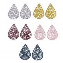 Honeyhandy 430 Stainless Steel Filigree Pendants, Spray Painted, Etched Metal Embellishments, Teardrop with Flower, Mixed Color, 40x26.5x0.5mm, Hole: 1mm