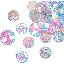 UNICRAFTALE 24pcs 4 Styles Flat Round Etched Metal Embellishments Pendants Rainbow Hollow Charms Stainless Steel Filigree Pendants for DIY Jewelry Making 1.2-1.6 mm Hole