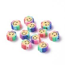 Honeyhandy Handmade Polymer Clay Beads, Flower with Smile Face, Colorful, 9~10.5x4.5mm, Hole: 1.6mm