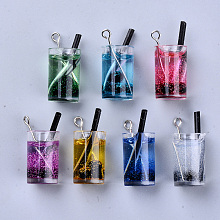 Honeyhandy Imitation Juice Glass Pendants, Plastic Pendants, with Resin and Glitter Powder inside, Platinum Tone Iron Eye Pin, Mixed Color, 24~26x11mm, Hole: 1.8mm