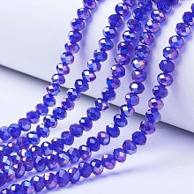 Electroplate Glass Beads Strands, AB Color Plated, Faceted, Rondelle, Blue, 6x5mm, Hole: 1mm, about 85~88pcs/strand, 16.1~16.5 inch(41~42cm)