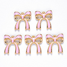 Honeyhandy Alloy Enamel Pendants, Bowknot, Light Gold, Pearl Pink, 19.5x17.5x2.5mm, Hole: 1.5mm