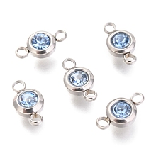 Honeyhandy 304 Stainless Steel Rhinestone Links Connectors, Flat Round, Stainless Steel Color, Light Sapphire, 12x6.5x4mm, Hole: 2mm