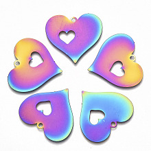 Honeyhandy Valentine's Day Ion Plating(IP) 201 Stainless Steel Pendants, Etched Metal Embellishments, Heart with Heart, Rainbow Color, 27x29x0.3mm, Hole: 2mm