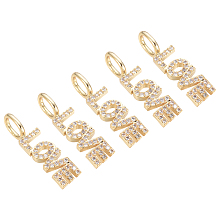 SUNNYCLUE 5Pcs Brass Micro Pave Clear Cubic Zirconia Pendants, Word Love, Golden, 24x6.5x2.5mm, Hole: 3.5x5.5mm