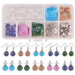 SUNNYCLUE DIY Earring Making, with Round Mechanized Blown Glass Globe Beads, Glass Seed Beads, Plastic Pendant Bails and 304 Stainless Steel Stud Earring Components, Platinum, 13.5x7x3cm