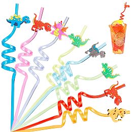 GORGECRAFT 8PCS Colorful Reusable Drinking Straws Dinosaur Party Favors Party Decorations Dinosaur Plastic Straws Safari Jungle Birthday Twisty Straws for Birthday Family Party Supplies