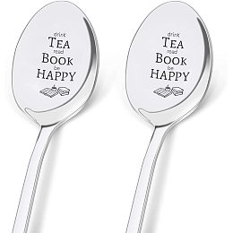 GLOBLELAND 2 Pieces Drink Tea Read Book Be Happy Spoon Engraved Stainless Steel Espresso Spoon Funny Coffee Lovers Gift for Friends or Family