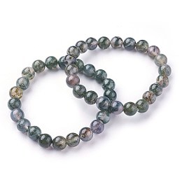 Honeyhandy Natural Moss Agate Beads Stretch Bracelets, Round, 2 inch~2-1/8 inch(5.2~5.5cm), Beads: 8~9mm