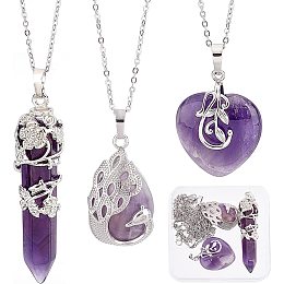 SUNNYCLUE 1 Box 3 Styles Healing Crystal Necklace Set Flower Wrapped Crystal Necklace Stone Point Pendant Natural Amethyst Chakra Crystal Charms for Jewelry Making Charms Heart Gemstone Kit Adult