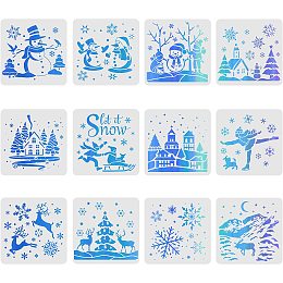 FINGERINSPIRE 12 Pcs Christmas Stencils Drawing Painting Templates Sets 11.8x11.8inch Snowman Deer Mountain Snow Stencils for Christmas Decoration