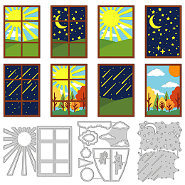 GLOBLELAND Day and Night Window Cut Dies Sky Background Theme with Sun, Stars, Luna, Clouds, Plants Embossing Die Cutting Stencils for DIY Scrapbooking Carbon Steel Cutting Dies for Photo Album