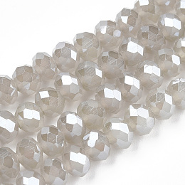 Honeyhandy Electroplate Glass Beads Strands, Imitation Jade Beads, Pearl Luster Plated, Faceted, Rondelle, Silver, 4x3mm, Hole: 0.4mm, about 113~115pcs/strand, 41~42cm