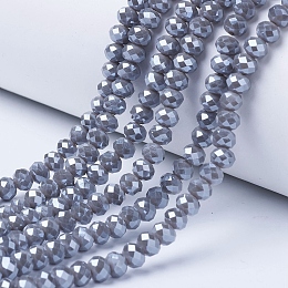 Honeyhandy Electroplate Glass Beads Strands, Pearl Luster Plated, Faceted, Rondelle, Gray, 4x3mm, Hole: 0.4mm, about 123~127pcs/strand, 17~17.5 inch(43~44cm)