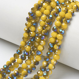 Honeyhandy Electroplate Opaque Solid Color Glass Beads Strands, Half Plated, Blue Plated, Faceted, Rondelle, Gold, 4x3mm, Hole: 0.4mm, about 123~127pcs/strand, 16.5~16.9 inch(42~43cm)