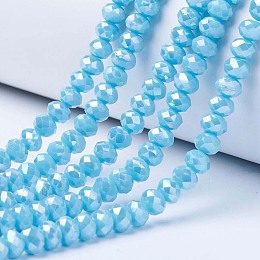 Honeyhandy Electroplate Glass Beads Strands, Opaque Solid Color, AB Color Plated, Faceted, Rondelle, Deep Sky Blue, 6x5mm, Hole: 1mm, about 92~94pcs/strand, 17~17.5 inch(42.5~43.75cm)