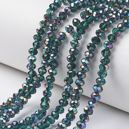 Honeyhandy Electroplate Transparent Glass Beads Strands, Half Multi-color Plated, Faceted, Rondelle, Green, 4x3mm, Hole: 0.4mm, about 130pcs/strand, 16.54 inch(42cm)