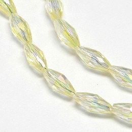 Honeyhandy Electroplate Crystal Glass Rice Beads Strands, Faceted, Rainbow Color Plated, Light Yellow, 4x9mm, Hole: 1mm, about 58pcs/strand, 20.4 inch