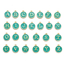 Honeyhandy Initial Letter A~Z Alphabet Enamel Charms, Flat Round Disc Double Sided Charms, Golden Plated Enamelled Sequins Alloy Charms, Green, 14x12x2mm, Hole: 1.5mm, 26pcs/set