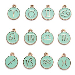 Honeyhandy Alloy Enamel Pendants, Flat Round with Constellation/Zodiac Sign, Aquamarine, 22x18x2mm, Hole: 1.5mm, about 12pcs/set