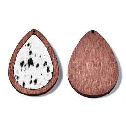 Honeyhandy Eco-Friendly Cowhide Leather Pendants, with Dyed Wood, Teardrop with Leopard Print, Black, 46x32.5x4mm, Hole: 1.2mm