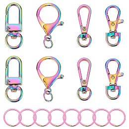 WADORN 16pcs Rainbow Keychain Swivel Buckle Hardware Set, Metal Swivel Hooks with Key Rings Include Swivel Lobster Claw Clasp 25mm Stainless Steel Split Key Ring for Keychain Strap Pet Collar Making