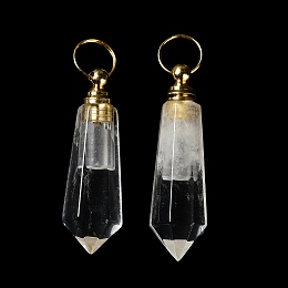 Honeyhandy Natural Quartz Crystal Perfume Bottle Pointed Pendants, Essentail Oil Diffuser Faceted Bullet Charms with Golden Tone Stainless Steel Findings, for Jewelry Making, 48~50x14~14.5x15.5~16mm, Hole: 10.5mm