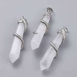 Honeyhandy Natural Quartz Crystal Big Pointed Pendants, with Platinum Plated Brass Bails, Faceted, Bullet with Snake, 59~61.5x11~12x11~12mm, Hole: 5x8mm