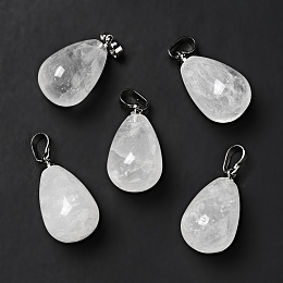 Honeyhandy Natural Quartz Crystal Pendants, with Platinum Tone Brass Findings, Teardrop Charm, 20~21x11~12mm, Hole: 6x3.5mm