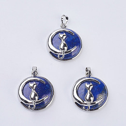 Honeyhandy Natural Lapis Lazuli Kitten Pendants, with Brass Findings, Flat Round with Cat & Crescent Moon Shape, Platinum, 32x27.5x10mm, Hole: 5x7mm