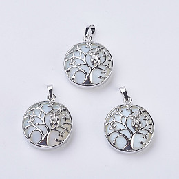 Honeyhandy Opalite Pendants, with Brass Findings, Flat Round with Tree of Life, Platinum, 31~32x27x8~9mm, Hole: 5x7mm