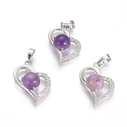 Honeyhandy Natural Amethyst Pendants, with Platinum Tone Brass Findings and Crystal Rhinestone, Heart, 29x21.5x9mm, Hole: 7x3.5mm