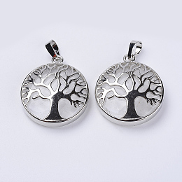 Honeyhandy Natural Quartz Crystal Pendants, with Platinum Plated Brass Findings, Flat Round with Tree of Life, 31x27x8mm, Hole: 3.5x7mm