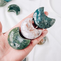 Honeyhandy Natural Moss Agate Display Decorations, for Home Office Desk, Moon, 50~60mm