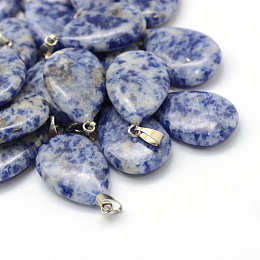 Honeyhandy Teardrop Natural Blue Spot Jasper Pendants, with Platinum Tone Brass Findings, 25~29x16~17x5~6mm, Hole: 2x7mm