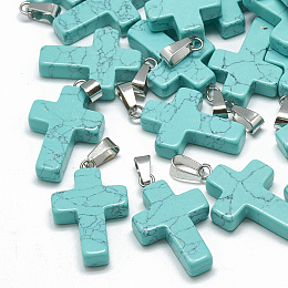 Honeyhandy Dyed Synthetic Turquoise Pendants, with Stainless Steel Snap On Bails, Cross, 29~30x18~19x5~6mm, Hole: 6x4mm