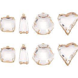 BENECREAT 8Pcs 4 Style Faceted Transparent Glass Pendants, Heart/Rectangle/Trapezoid/Shell Shape Charms with Light Gold Brass Frame for Necklace Earrings Jewelry Making