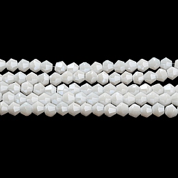 Honeyhandy Opaque Solid Color Electroplate Glass Beads Strands, Pearl Luster Plated, Faceted, Bicone, White, 4x4mm, Hole: 0.8mm, about 87~98pcs/strand, 12.76~14.61 inch(32.4~37.1cm)