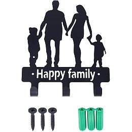 Arricraft Iron Wall Hanging Hook Free Perforated Sticky Hook Hanger Happy Family Pattern Decoration Storage Rack with 3 Hooks Bag Key Scarf Hanger Wall Decoration (20.2x20x2.38cm)