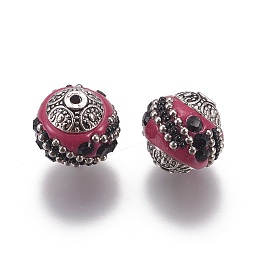 Honeyhandy Handmade Indonesia Beads, with Jet Rhinestones and Alloy Cores, Round, Antique Silver, Camellia, 14~16x14~16mm, Hole: 1.5mm