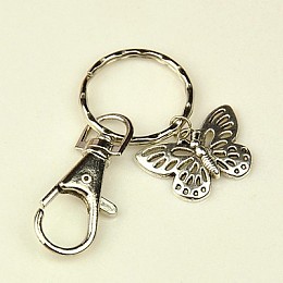 Honeyhandy Tibetan Style Butterfly Keychain, with Iron Key Clasp Findings and Alloy Swivel Clasps, Platinum, 76mm