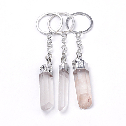 Honeyhandy Natural Crystal Quartz Keychain, with Iron Findings, Nuggets, Platinum, 119~122mm