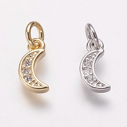 Honeyhandy Brass Cubic Zirconia Pendants, Moon Charms, Platinum & Golden, 9.5x5x2mm, Hole: 3mm