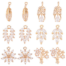 SUNNYCLUE 1 Box 12Pcs Cubic Zirconia Charms Feather Charm Micro Pave Rhinestone Shiny Leaf Flowers Long Lasting Plated Brass Leaves Charms for Jewelry Making Charm Spring Season Wedding Earrings DIY